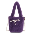 Chic purple faux fur bucket bag featuring a pearl strap and silk bow decoration - Purple