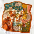 Silk square scarf featuring Dunhuang Apsaras print in warm orange and teal green - 53x53cm / Caramel color