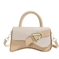 Women's rhinestone square handbag with curved base and gold D-shaped buckle in beige - Khaki