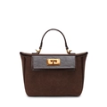Deep coffee brown vintage handbag with matte suede and shiny leather paneling and gold lock - Brown
