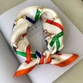 Silk square scarf in beige with orange and green equestrian belt and horsebit patterns - 53x53cm / Beige