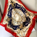 Navy blue and red silk scarf with vintage gold chain pattern on a gray seat - 53x53cm / Red