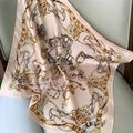 Elegant pink silk scarf featuring vintage carriage patterns and smooth glossy finish - 53x53cm / Pink
