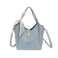 Light blue pebbled leather bucket bag with gold logo and decorative floral scarf detail - Blue