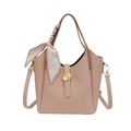 Pink litchi texture bucket bag with gold metal buckle and geometric silk scarf - Pink