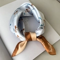 Light blue silk scarf with brown floral print and elegant satin finish detail - 53x53cm / Small Floral Blue Coffee
