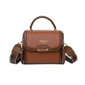 Brown litchi grain leather handbag with gold logo and wide jacquard shoulder strap - Brown