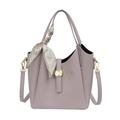 Lavender textured leather bucket bag with silk scarf handle and golden magnetic closure - Purple