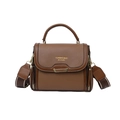 Brown litchi texture leather handbag with gold hardware and wide fabric shoulder strap - Khaki