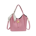 Pink lychee grain faux leather bucket bag with decorative silk scarf and gold hardware - Rose Red