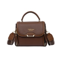 Brown leather handbag with gold metal hardware and wide patterned detachable shoulder strap - Dark Coffee