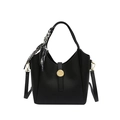 Chic black lychee grain leather bucket bag with gold metal lock and silk scarf detail - Black