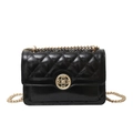 Quilted black patent leather chain bag with elegant gold round buckle closure - Black