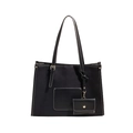 Minimalist black canvas tote bag with contrast stitching and small card holder charm - Black