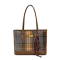 Borsa tote a quadri stile britannico con finiture in ecopelle e ciondoli decorativi - Senza Ciondolo / Marrone Grigio