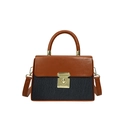 Brown and black textured box bag with gold metal lock and adjustable shoulder strap - Gray