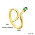 Detail view of adjustable gold snake ring showing size specifications and green zircon - Green Zirconia Snake Style (RI1597J8G)