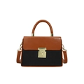 Brown and black color-block box bag with gold shield lock and top handle strap - Black