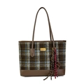 Borsa tote in lana scozzese marrone con manici in pelle e nappina per l'inverno - Senza Ciondolo / Marrone