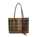 Borsa tote invernale a quadri marroni e arancioni in lana con manici in pelle e logo - Senza Ciondolo / Marrone