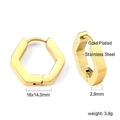 Macro view of gold-plated stainless steel hexagonal earrings with detailed dimensions - Hexagon Style / Gold