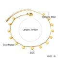 Detail van 18K vergulde roestvrijstalen enkelband met 4mm ronde schijfjes en afmetingen - Gouden Stijl (AN117101G)