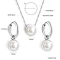 Detail view of hypoallergenic stainless steel jewelry set with 10mm white pearls and dimensions - Silver Single Round Pearl Hoop Style (SE25681AS)
