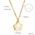 Macro detail of gold plated flower shell pendant and stainless steel chain dimensions - White Flower Shell Style (NE2C290AG)