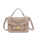 Beige faux leather crossbody bag with lychee texture and gold clasp on white background - Khaki