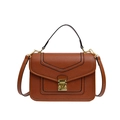 Elegant caramel brown crossbody bag with gold square buckle and textured leather finish - Brown