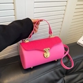 Pink box handbag with wave-textured flap and golden metal clasp for women - Rose Red