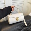 White cylinder handbag with woven texture flap and golden hardware for women - White