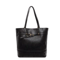 Vintage black faux leather tote bag with decorative belts and bronze metal eyelets - Dark Brown