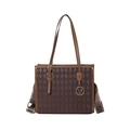 Brown vintage printed tote bag with diamond pattern, dual straps and metallic V logo pendant - Brown