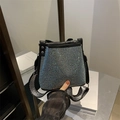 Blue and silver gradient rhinestone bucket bag with striped strap and black leather trim - Colorful