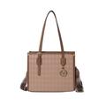 Khaki tote bag with diamond lattice pattern and vintage printed wide shoulder strap - Khaki