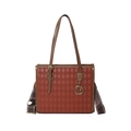 Orange-brown quilted tote bag with vintage printed wide strap and V-shaped gold pendant - Brown