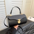 Elegant black cylindrical box bag with grey pleated lid and gold metal lock detail - Black