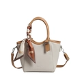 Fashionable off-white and brown bucket bag with lychee grain texture and silk scarf deco - White