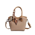Khaki leather bucket bag with lychee texture and geometric patterned silk scarf handle - Light Khaki