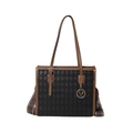 Women's tote bag with black rhombus texture and brown handles plus printed strap - Black