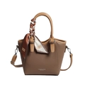 Brown bucket bag in lychee pattern leather with stylish silk scarf handle decoration - Dark Khaki