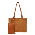 Brown suede tote bag with leather strap and matching small zipper pouch on white background - Tan