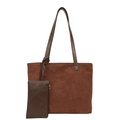 Dark brown faux suede tote bag set with matching small zipper pouch and leather handles - Brown