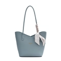 Blue lychee textured leather tote bag with elegant silk scarf and V-shaped opening - Blue