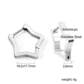 Macro view of silver star shaped stainless steel earrings showing dimensions and details - Star Style / Steel