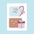 Étiquettes de Noël festives avec designs 'Holly Jolly' et 'Ho Ho Ho' à personnaliser - Style Canne de Bonbon et Boîte Cadeau