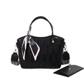 Set borsa tote nera a quadri con portafoglio, sciarpa decorativa e tracolla tessuta - Nero