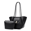Ensemble cabas en cuir noir avec pochette assortie et boucle rectangulaire dorée - Noir