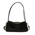 Minimalist black leather baguette shoulder bag with silver logo and long strap on white background - Black
